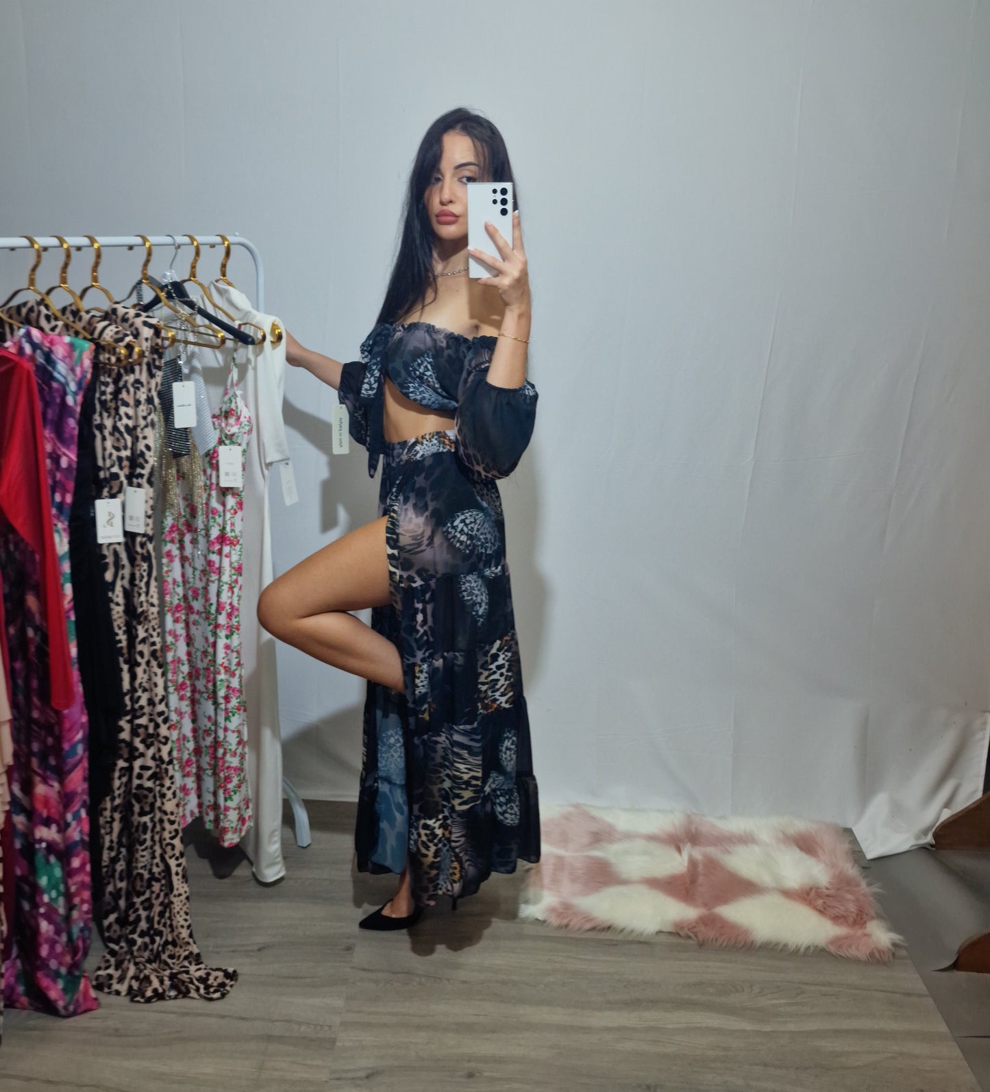 Janel|Coordinato estivo top e gonna lunga floreale con spacco