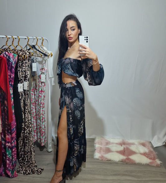 Janel|Coordinato estivo top e gonna lunga floreale con spacco