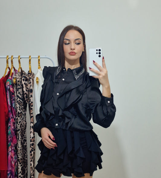 Diamond|Camicia elegante nera con swaroski